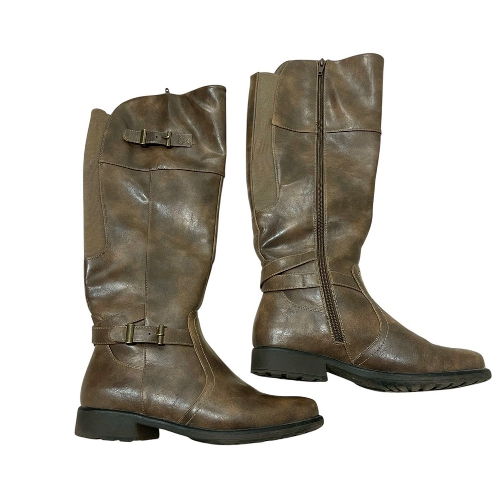 Denver Hayes Tall boho boots size 8,5 US tan brown belt detailing vegan leather